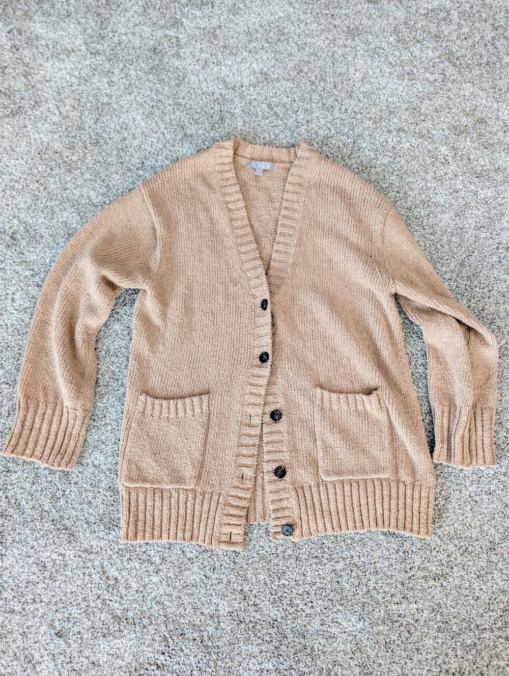 J.Crew Tan Textured Knit V-Neck Button Cardigan Sweater w/ Pockets S